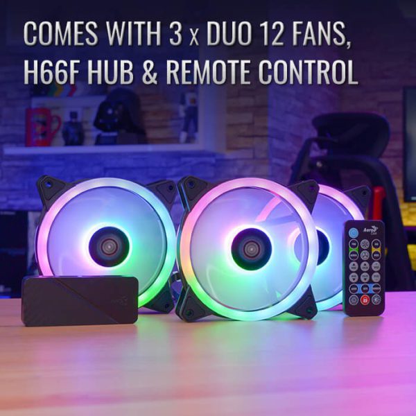 Ventilador ARGB de 12cm x 3 | H66F Hub x 1 & Control Remoto x 1