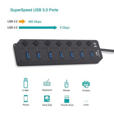 Hub Usb 3.0 7-Port Con Cargador Corriente 5v