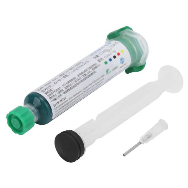Tinta resistente a la soldadura de curado UV verde 10cc con aguja de empuje para soldadura de PCB