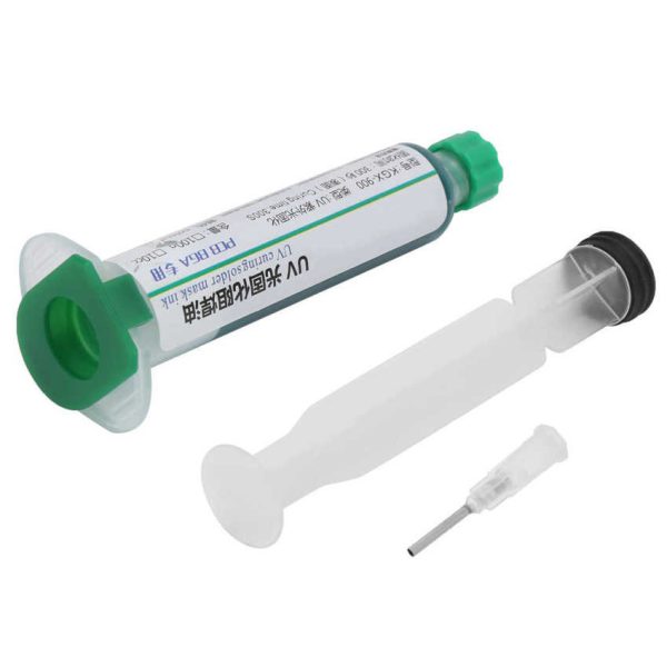 Tinta resistente a la soldadura de curado UV verde 10cc con aguja de empuje para soldadura de PCB