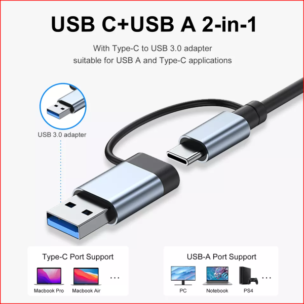 Adaptador hub 5 in1 Usb C/Usb a usb 3.0+ TF/SD
