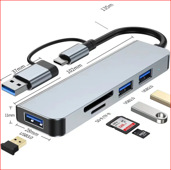 Adaptador hub 5 in1 Usb C/Usb a usb 3.0+ TF/SD