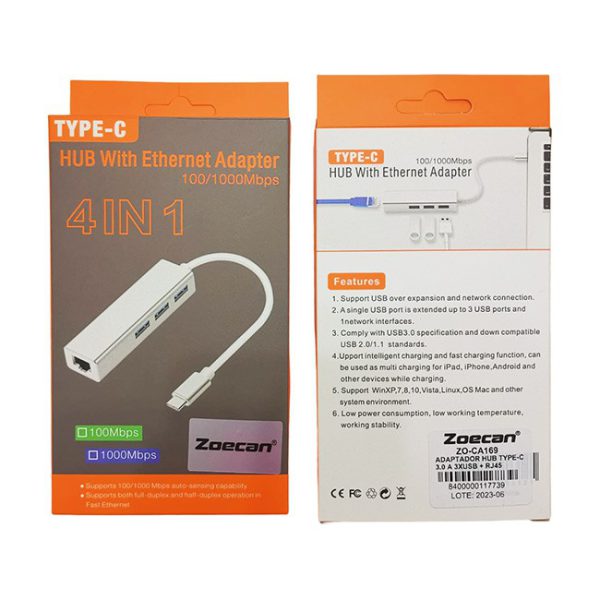 Adaptador Tipo C A 3 X Usb3.0 Hub + Rj45 Lan 10/100/1000M