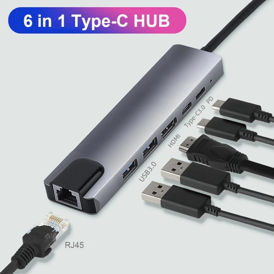Hub tipo-c a hdmi+lan+usb3.0*2+type-c*2 6in1