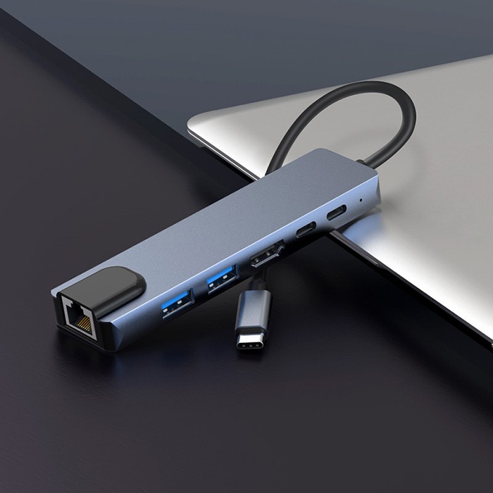 Hub tipo-c a hdmi+lan+usb3.0*2+type-c*2 6in1