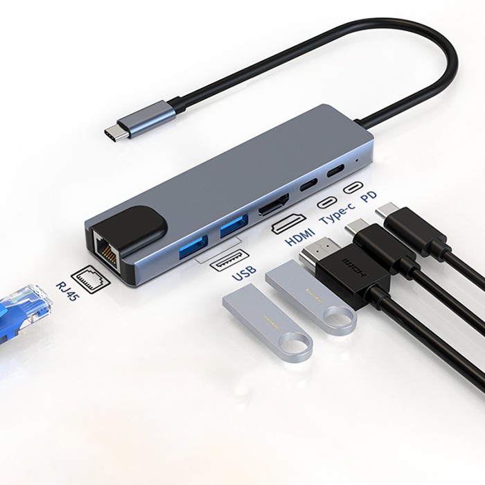 Hub tipo-c a hdmi+lan+usb3.0*2+type-c*2 6in1