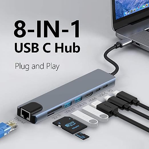 Hub tipo-c a lan + hdmi + TF/SD + usb*2 + type-c*2 8in1