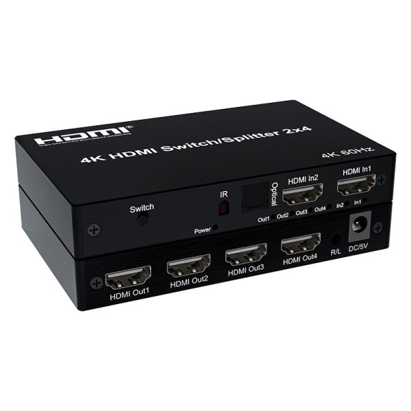 Splitter hdmi 2entrada - 4 salida 4k 60Hz con control remoto ir