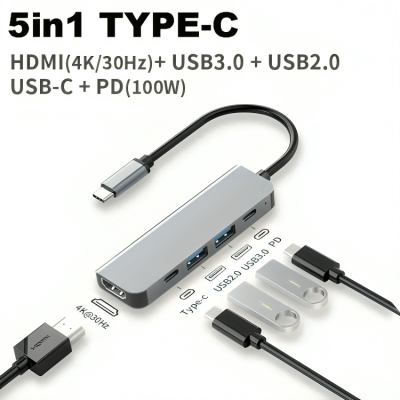 Adaptador hub 5 in1 Usb C/Usb a usb*2+ Hdmi + TipoC / PD 100W