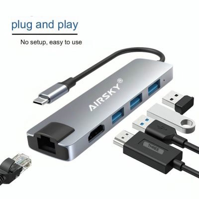 Adaptador hub 5 in1 Usb C a usb 3.0*3+ Lan + Hdmi Airsky