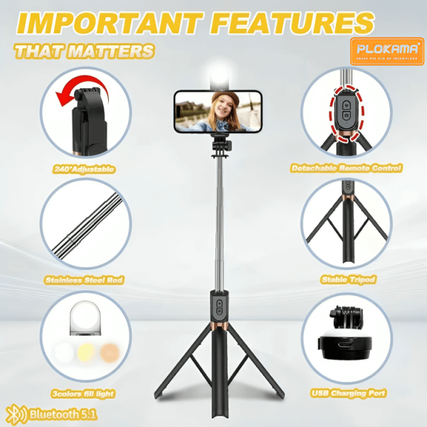 Tripode Selfie Bluetooth con Control Remoto PLOKAMA Live-K9 Led 1.7M - Imagen 2