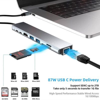 Hub usb mutli-funcional tipo c a rj45+hdtv+usb*2+sd+tf+pd*2 8in1