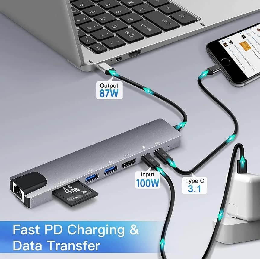 Hub usb mutli-funcional tipo c a rj45+hdtv+usb*2+sd+tf+pd*2 8in1 - Imagen 4