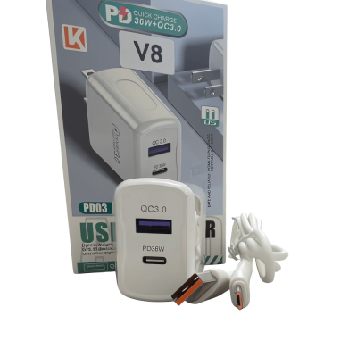 Cargador recarga rapido con cable v8 PD 36w+ QC 3.0