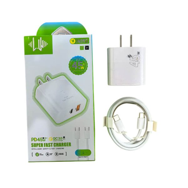 Cargador rapido QC3.0+ PD45W con cable tipoc a tipoc - Imagen 2