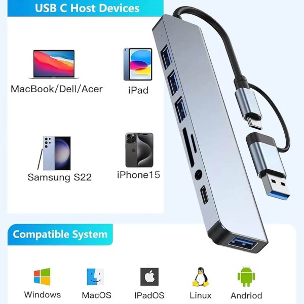 Hub Usb 8 in 1 Usb/Usb-C A Usb*4+Usb-c+SD/TF+3.5mm - Imagen 4