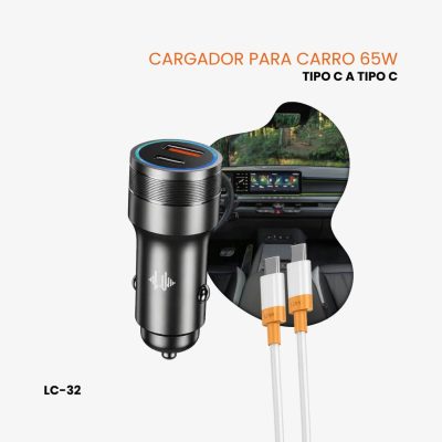 Cargador para Auto PD 65W + QC 3.0 con Cable Tipo C a Tipo C